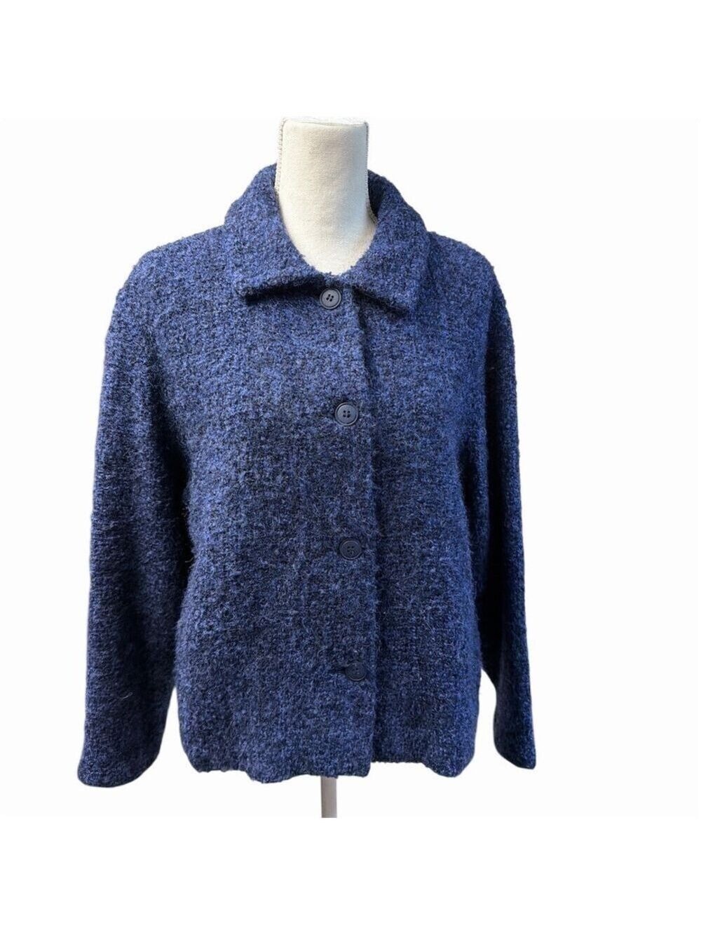 Weave of the Irish Cardigan Wool Jacket Womens L Blue Boucle Button (22” Ptp)